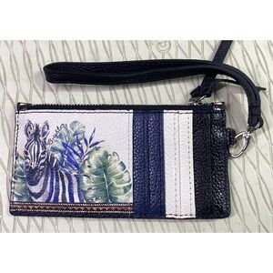 Brighton Leather Blue &‎ White Zebra Safari Wristlet Clutch Wallet 3.5x5"